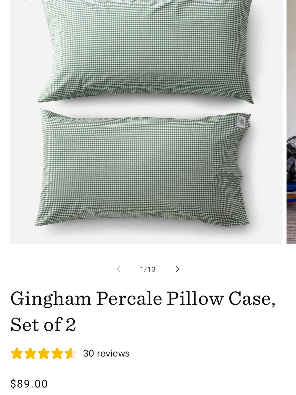 Schoolhouse Green Gingham Pillow Cases (pair) - King - NWT